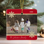 PHOTO Gold Red Snow Keepsake Christmas Holiday Ceramic Ornament<br><div class="desc">Keep your memories alive with these beautiful Christmas Holiday keepsake tree ornament. Personalize it with your photo. Faux gold glitter and red with snowflakes. Custom with your family name and year. Back of ornament has option to add message , name, or other info. Perfect gift for parents, mom, dad, grandma,...</div>