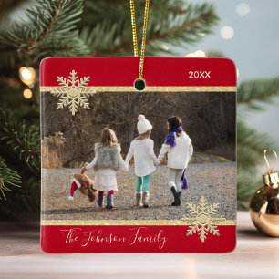 PHOTO Gold Red Snow Keepsake Christmas Holiday Ceramic Ornament