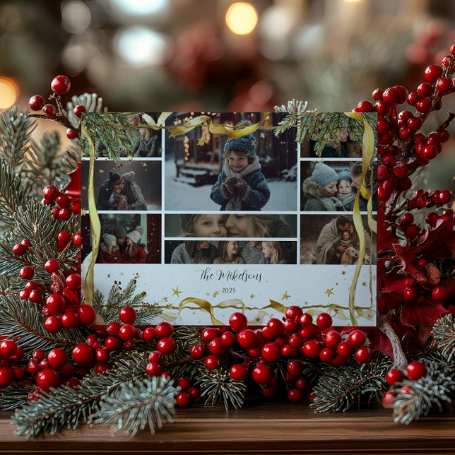 Photo Gold Ribbon Rustic Christmas Holiday Card (Creator Uploaded)