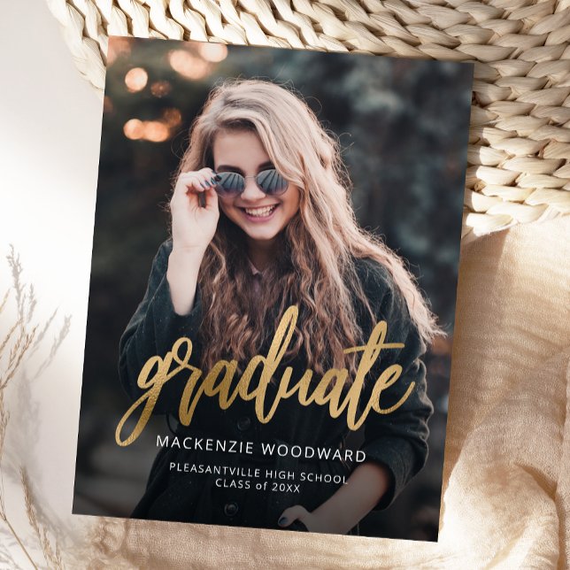 Photo Gold Script Graduation Announcement Postcard (Creator Uploaded)