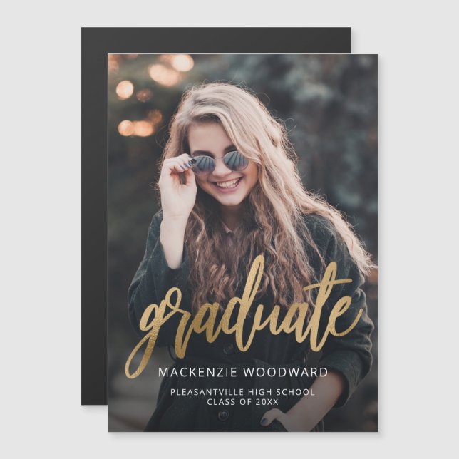 Photo Gold Script Magnetic Graduation Announcement (Front/Back)