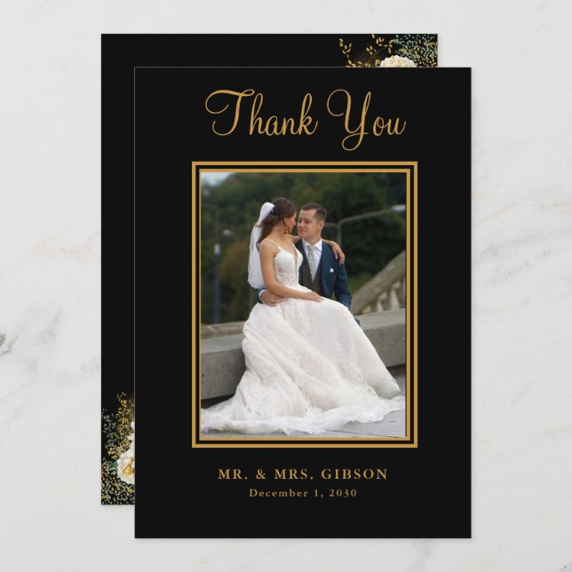 Photo Gold Script On Black Wedding Thank You Card (Front/Back)