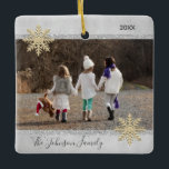 PHOTO Gold Silver Snow Keepsake Christmas Holiday Ceramic Ornament<br><div class="desc">Keep your memories alive with these beautiful Christmas Holiday keepsake tree ornament. Personalise it with your photo. Faux silver foil and glitter with snowflakes. Custom with your family name and year. Back of ornament has option to add message , name, or other info. Perfect gift for parents, mum, dad, grandma,...</div>
