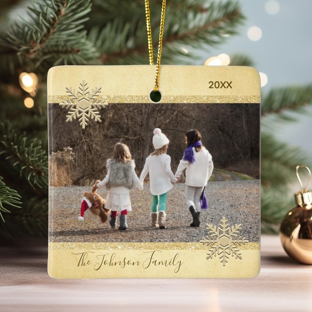 PHOTO Gold Snow Keepsake Christmas Holiday Tree Ceramic Ornament (PHOTO Gold Snow Keepsake Christmas Holiday Tree Ceramic Ornament)