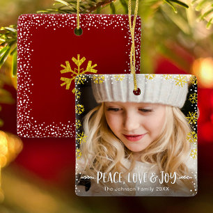 Photo Gold Snowflakes Peace Love and Joy Keepsake Ceramic Ornament