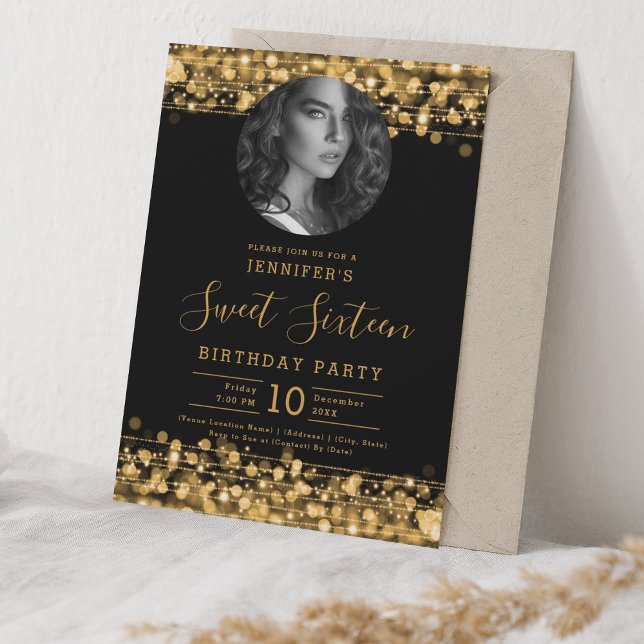 PHOTO Gold Sparkles Sweet 16 Birthday Party Invitation (PHOTO Gold Sparkles Sweet 16 Birthday Party Invitation)