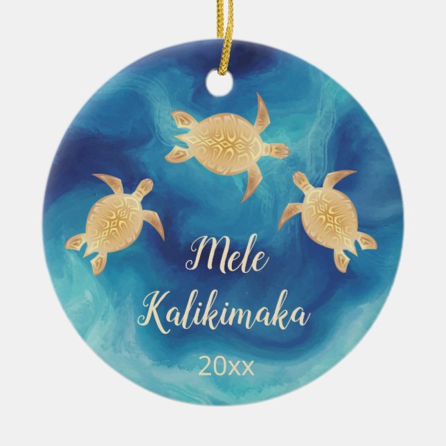 PHOTO Gold Turtles Blue | Hawaiian Christmas Ceramic Tree Decoration (Front)