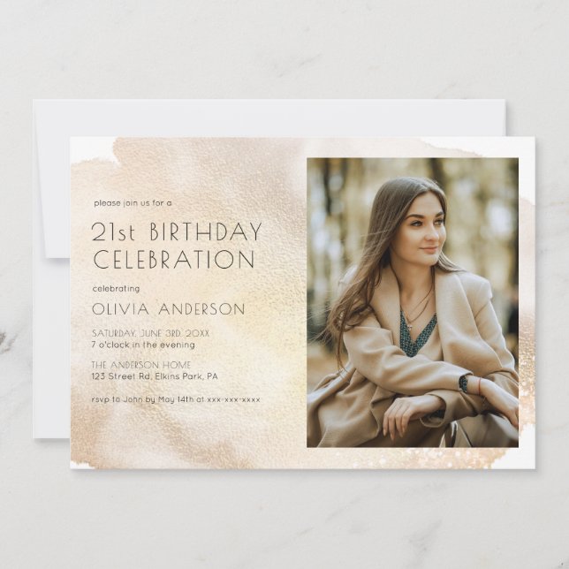 Photo Gold Watercolor 21st Birthday Party  Invitation (Front)