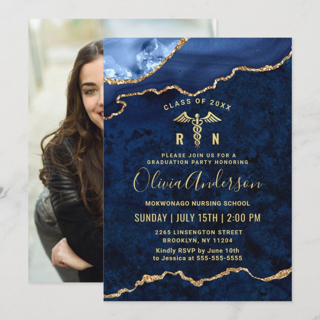 Photo Golden Blue Nursing School Graduation Party Invitation (Front/Back)