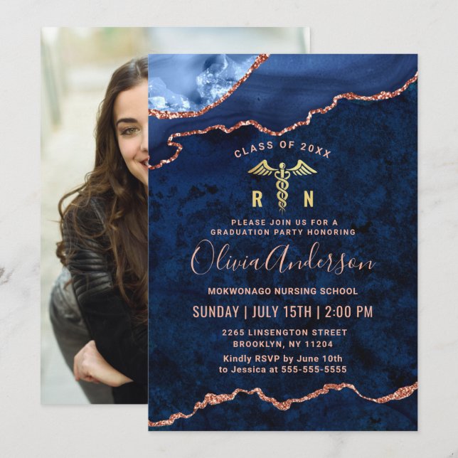 Photo Golden Blue Nursing School Graduation Party Invitation (Front/Back)