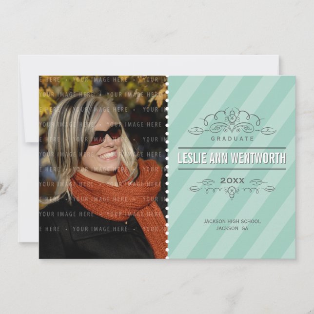 PHOTO GRAD ANNOUNCEMENT diagonal stripe mint green (Front)