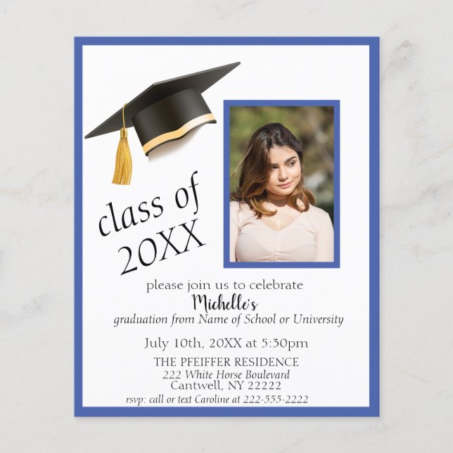 Photo Grad Cap Graduation Party Invitation in Blue (Front)