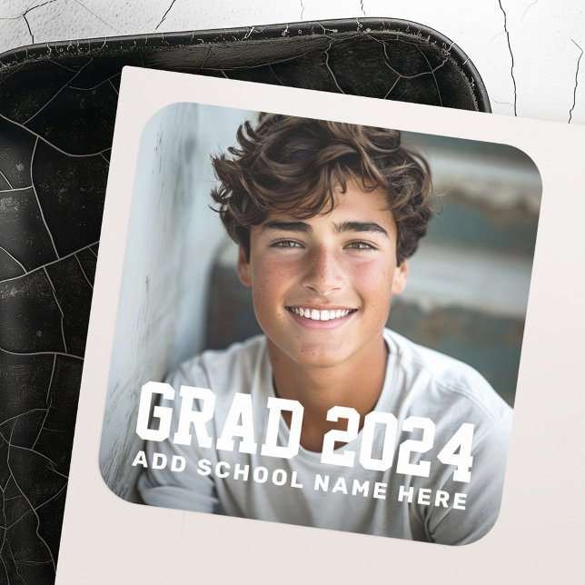 Photo grad class of year name or school graduation square sticker (Photo grad class of year name or school graduation square sticker)
