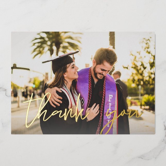 Photo Grad Hat & Chalkboard H Foil Thank You Card  (Front)