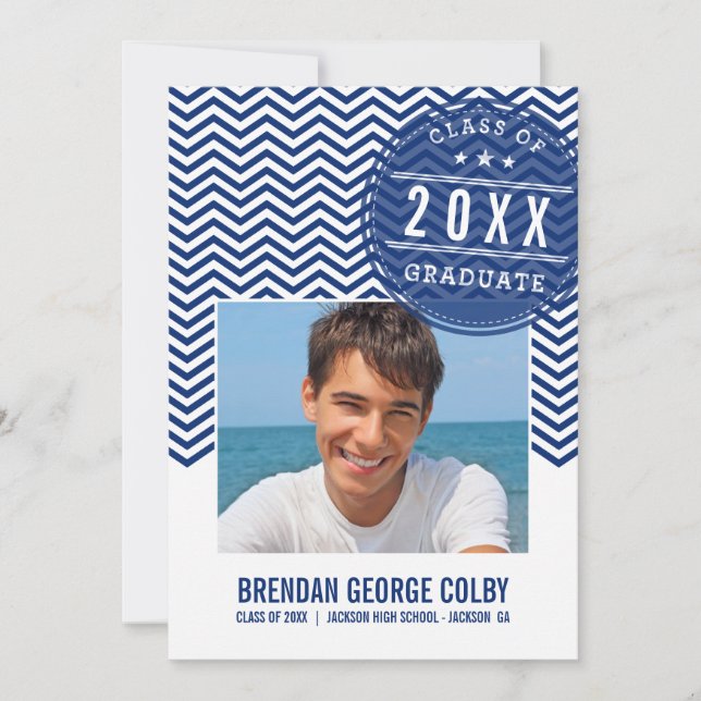 PHOTO GRAD INVITE bold chevron royal navy blue (Front)