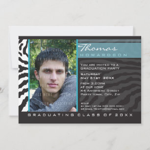 PHOTO GRAD PARTY INVITE zebra stripe aqua blue