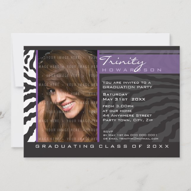 PHOTO GRAD PARTY INVITE zebra stripe purple (Front)