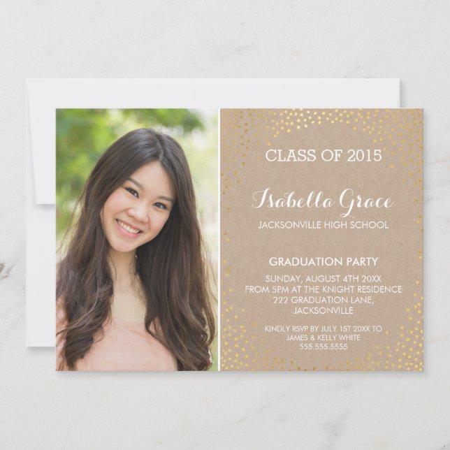 PHOTO GRAD PARTY mini gold confetti eco kraft Invitation (Front)