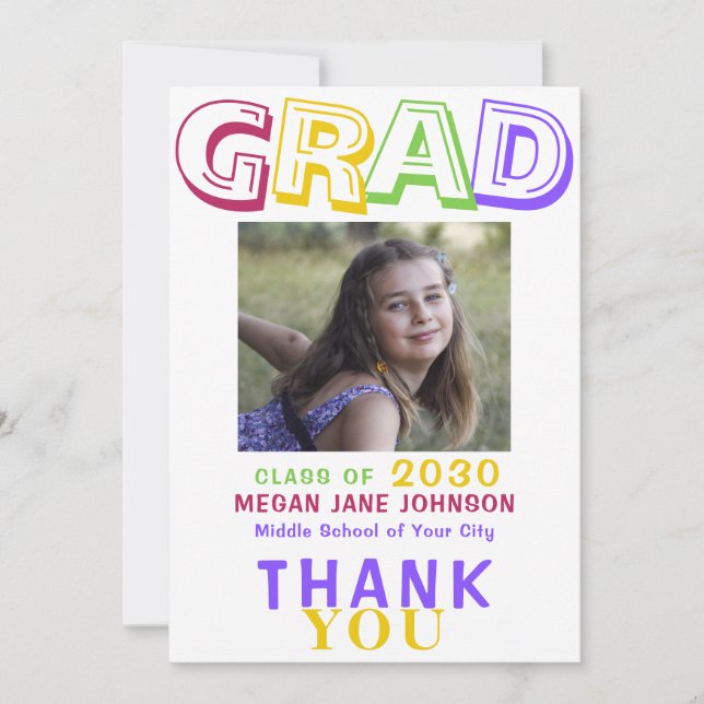 Photo graduate colourful 8th grade grad typography thank you card (Front)