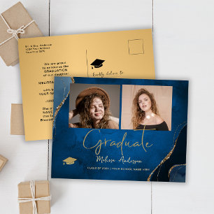 Photo Graduate Elegant Navy Blue Announcement Postcard