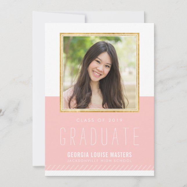 PHOTO GRADUATE minimal cute gold frame pastel pink Invitation (Front)