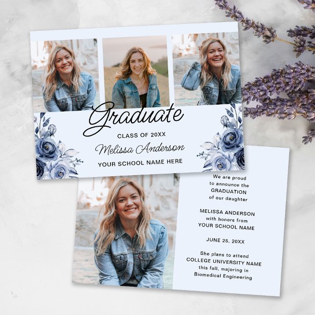 Photo Graduate Navy Blue Flowers Announcement (Creator Uploaded)