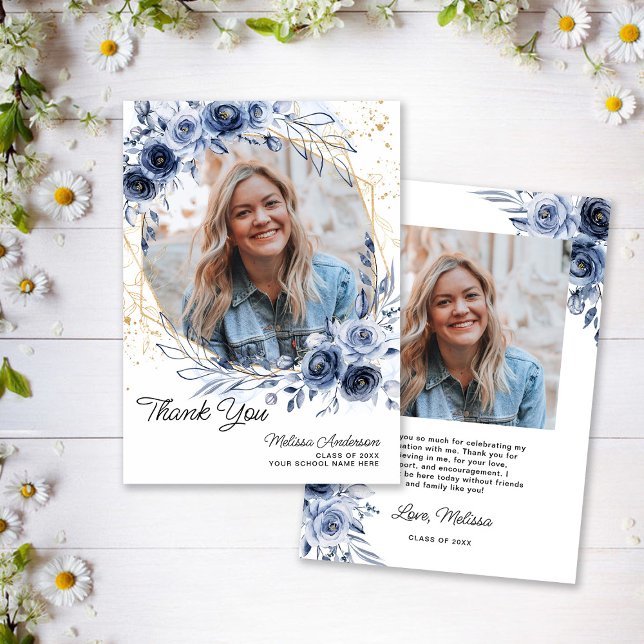 Photo Graduate Navy Blue Flowers Thank you Card (Creator Uploaded)