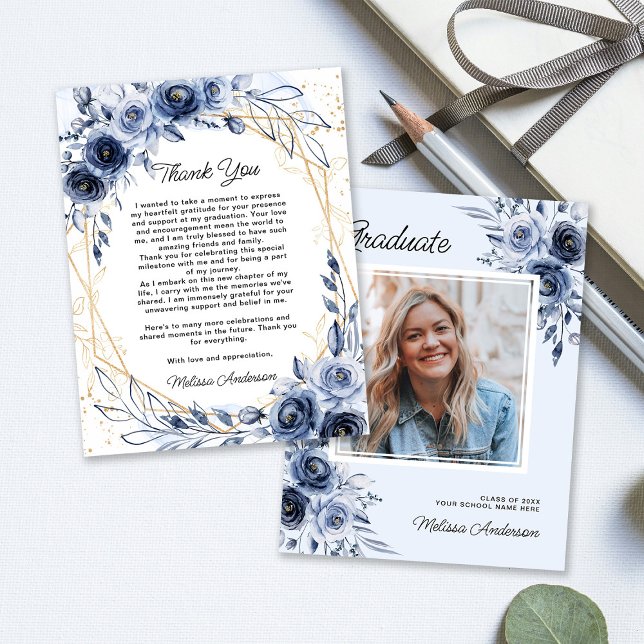 Photo Graduate Navy blue flowers Thank you Card (Creator Uploaded)