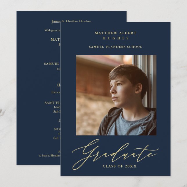 Photo Graduate Navy Whimsical Modern Calligraphy  Invitation (Front/Back)