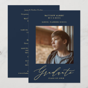 Photo Graduate Navy Whimsical Modern Calligraphy  Invitation