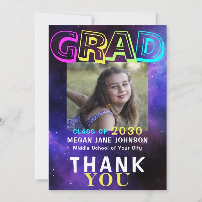 Photo graduate neon glow 8th grade grad typography thank you card (Front)