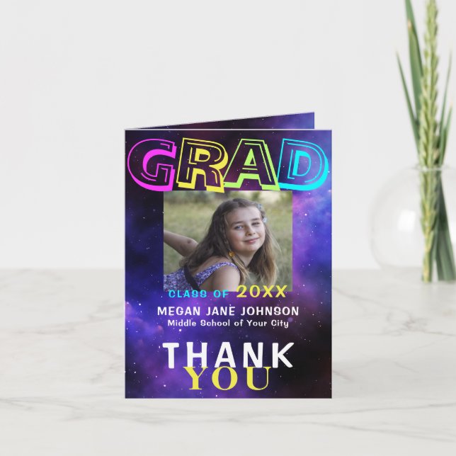 Photo graduate neon glow middle school grad thank you card (Front)