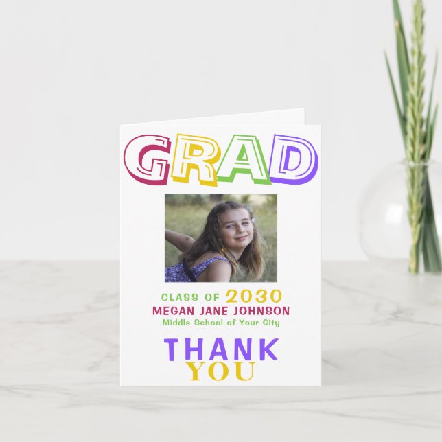 Photo graduate typography middle school grad thank you card (Front)