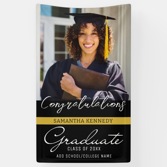 Photo Graduation 2025 Congrats Grad Black And Gold Banner (Vertical)