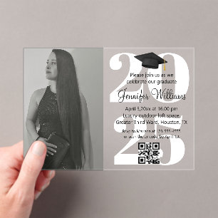 photo graduation 2025 party qr code white script acrylic invitations