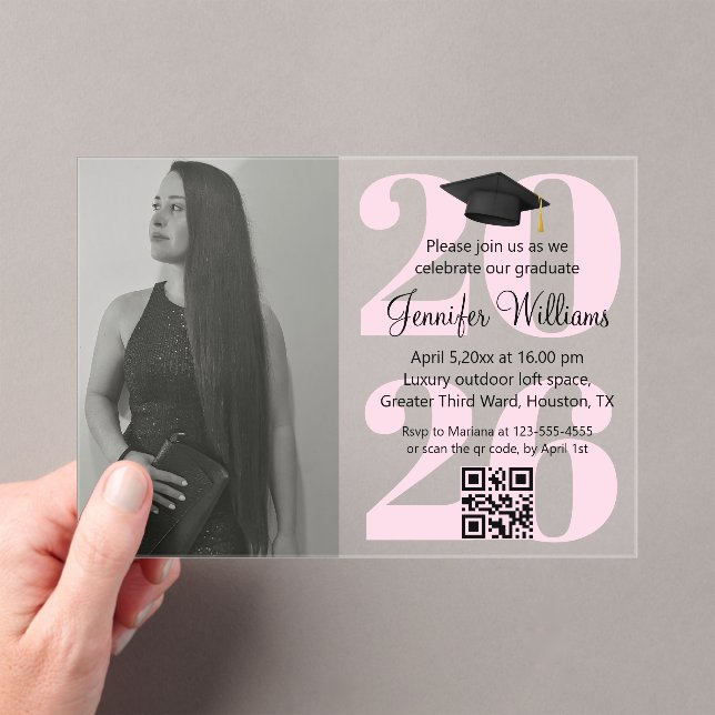 photo graduation 2026 party qr code pink script acrylic invitations (Insitu (Handheld))