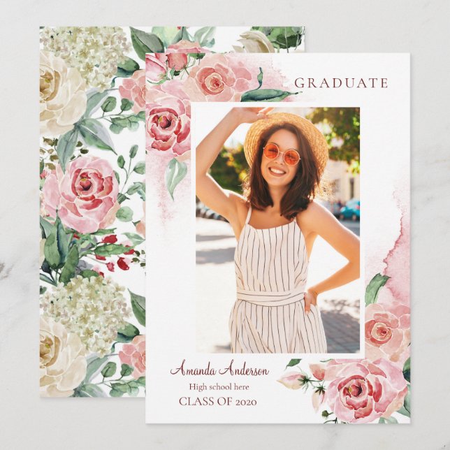 Photo Graduation Announcement, Elegant, Floral Invitation (Front/Back)