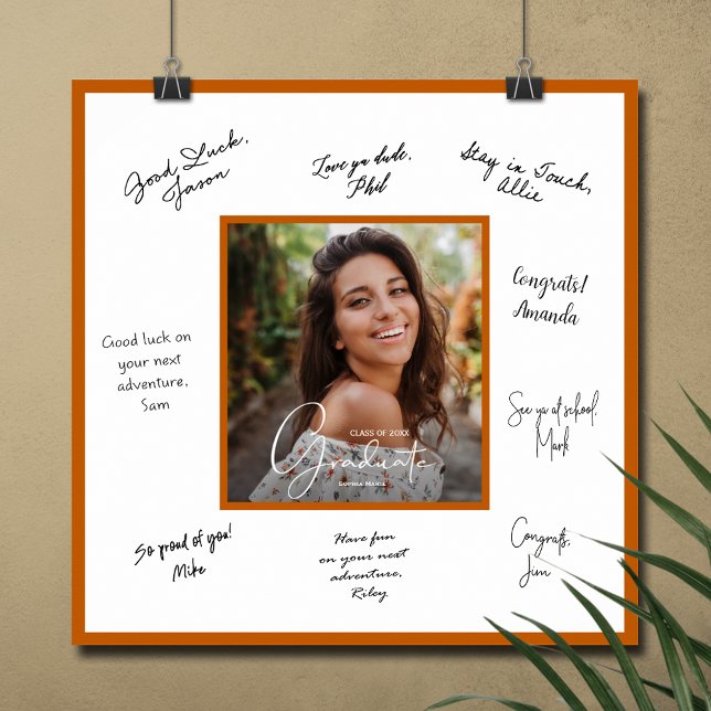 Photo Graduation Autograph Burnt Orange Border Poster (Graduation autograph photo poster with burnt orange border, INSTANT DOWNLOAD and/or PRINTED)