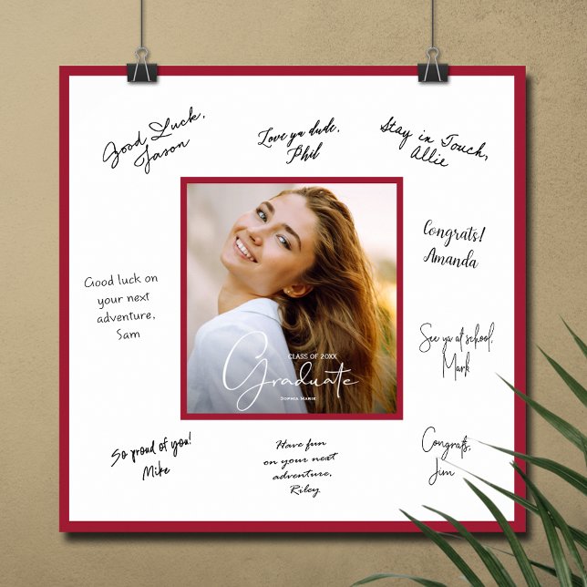 Photo Graduation Autograph Crimson Border Poster (Graduation autograph photo poster with crimson red  border, INSTANT DOWNLOAD and/or PRINTED)