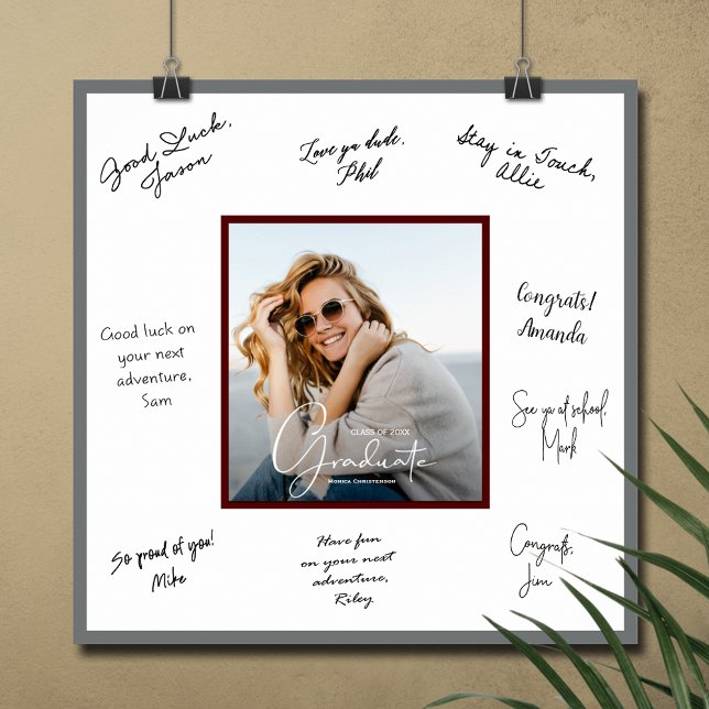 Photo Graduation Autograph Dark Maroon Grey Poster (Graduation autograph poster with photo and maroon and gray border, INSTANT DOWNLOAD and/or PRINTED)
