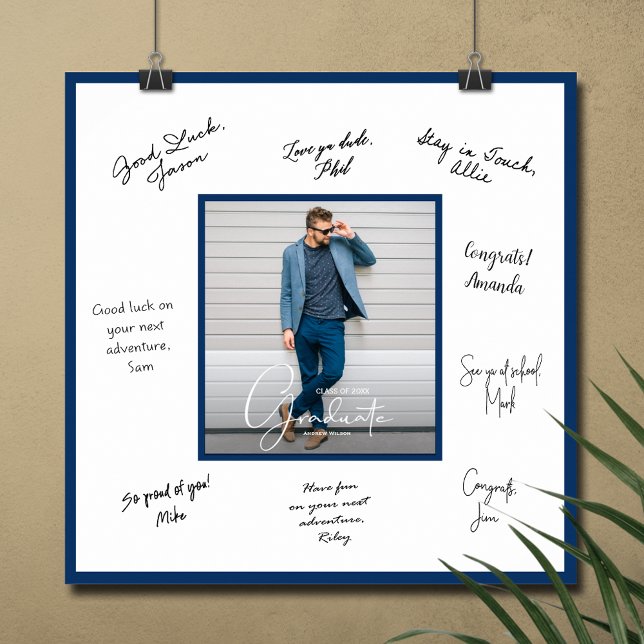 Photo Graduation Autograph Navy Blue Border Poster (Graduation autograph photo poster with navy blue border, INSTANT DOWNLOAD and/or PRINTED)