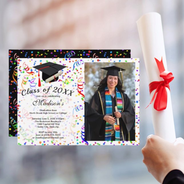 Photo Graduation Black Cap Diploma Confetti Party Invitation (Photo Graduation Black Cap Diploma Confetti Party Invitation)