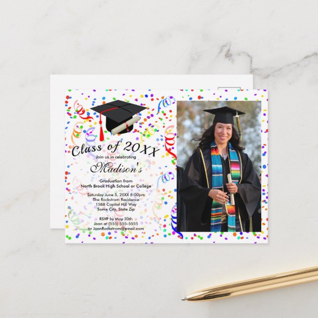 Photo Graduation Black Cap Diploma Confetti Party Postcard (Front/Back In Situ)
