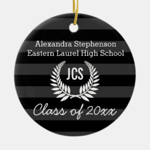 Photo Graduation Black Grey Monogram Laurel Ceramic Tree Decoration