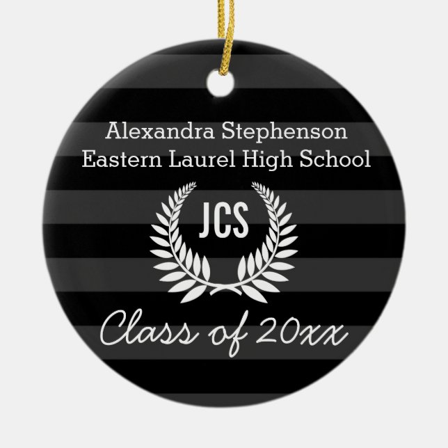 Photo Graduation Black Grey Monogram Laurel Ceramic Tree Decoration (Front)