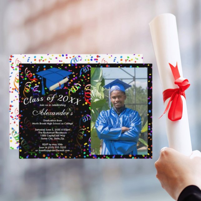Photo Graduation Blue Cap Confetti Class of Party Invitation (Photo Graduation Blue Cap Confetti Class of Party Invitation)