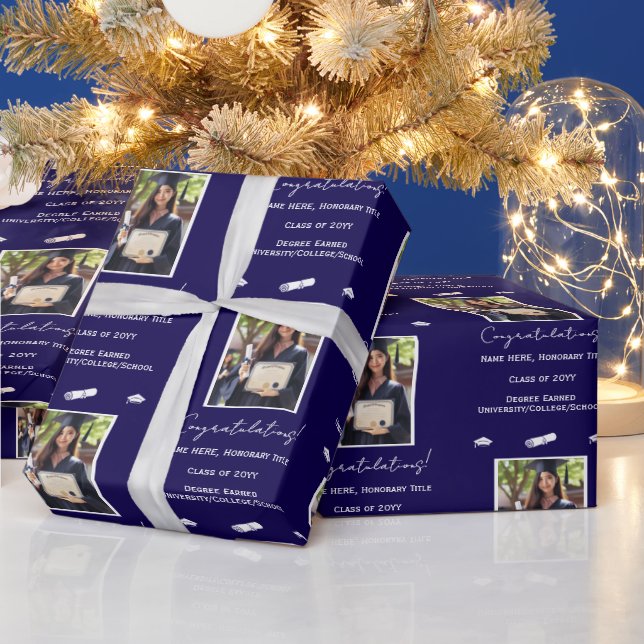 Photo Graduation Cap Diploma Congratulations, Blue Wrapping Paper (Holidays)