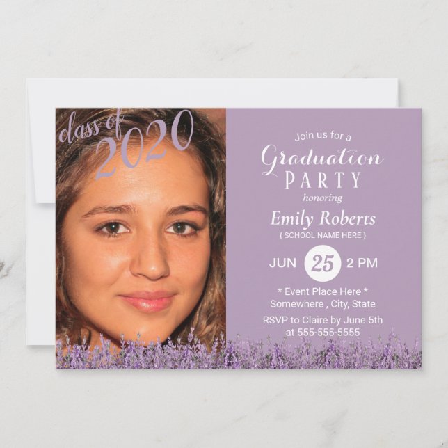 Photo Graduation Classy Lavender Floral Purple Invitation (Front)