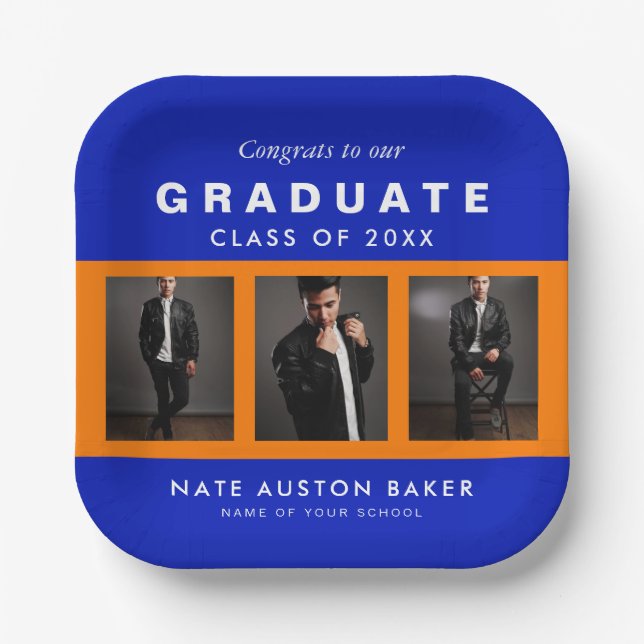 Photo Graduation Collage Graduate Orange and Blue Paper Plate (Front)