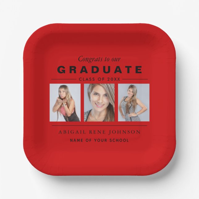 Photo Graduation Collage Graduate Red Black Paper Plate (Front)
